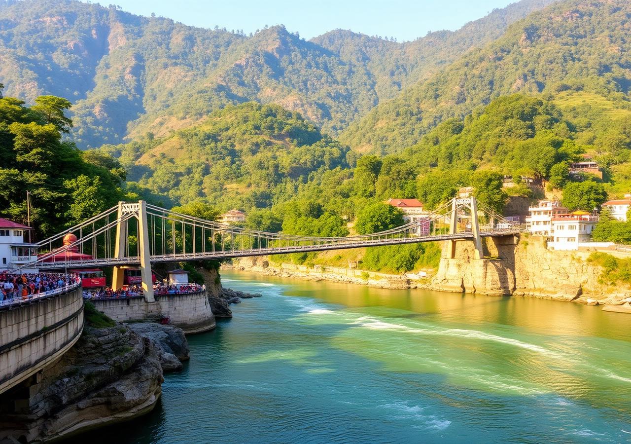 Rishikesh ghats along the river Ganga at dusk